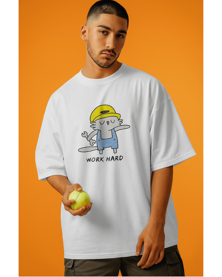 Work Hard Cartoon Cat T-Shirt – Oversized Unisex Graphic Tee