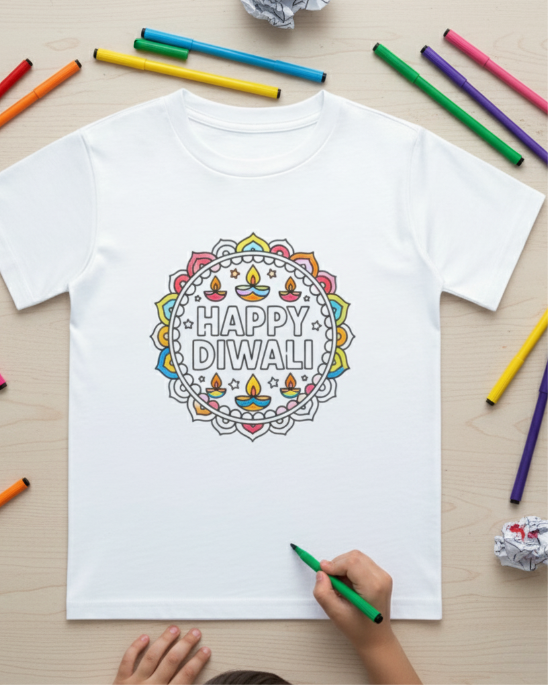 🎨 DIY Diwali Coloring T-Shirt – Happy Diwali Rangoli Design