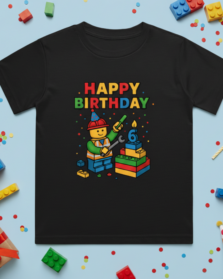 Lego-Style Birthday T-Shirt | Custom Happy Birthday Builder Tee for Kids