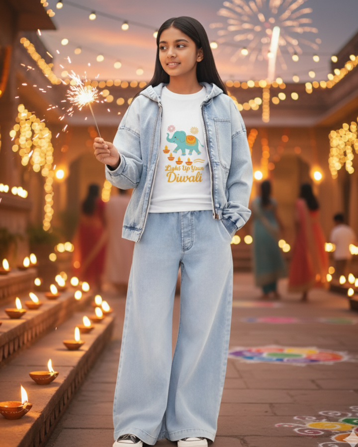 Kids Diwali T-Shirt – Cute Elephant & Diyas | “Light Up Your Diwali”