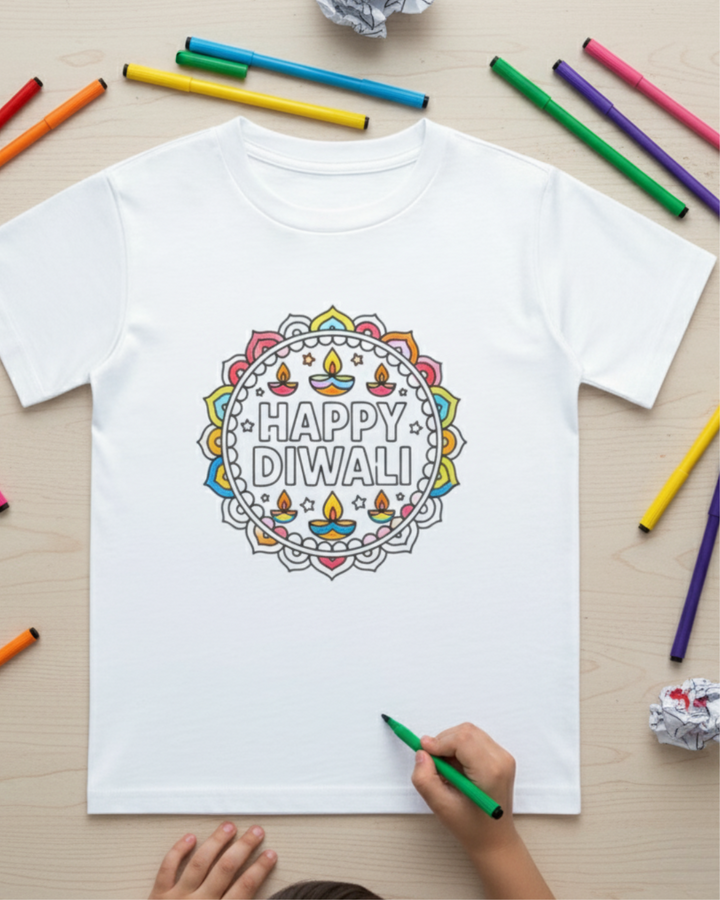 🎨 DIY Diwali Coloring T-Shirt – Happy Diwali Rangoli Design