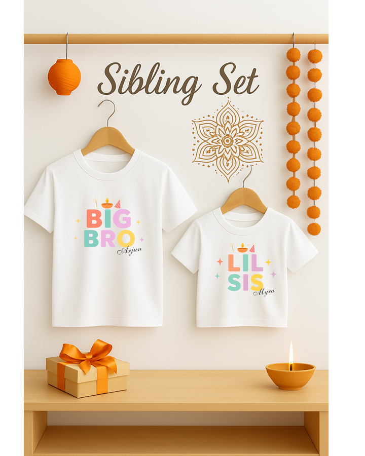 Personalized Diwali Big Bro & Lil Sis Sibling T-Shirt Set – Custom Names