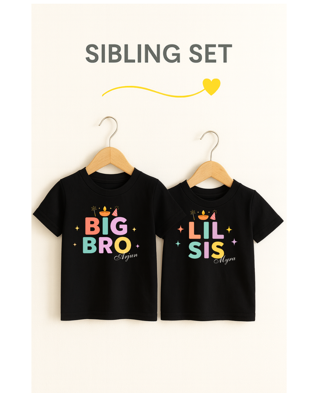 Personalized Diwali Big Bro & Lil Sis Sibling T-Shirt Set – Custom Names