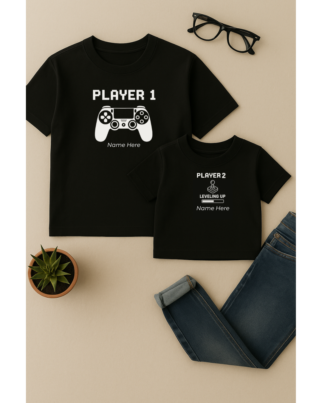 Custom Player 1 and Player 2 Matching T-Shirts for Dad and Kid – Personalized Gamer Father & Child Tees – Custom from Glamlittles