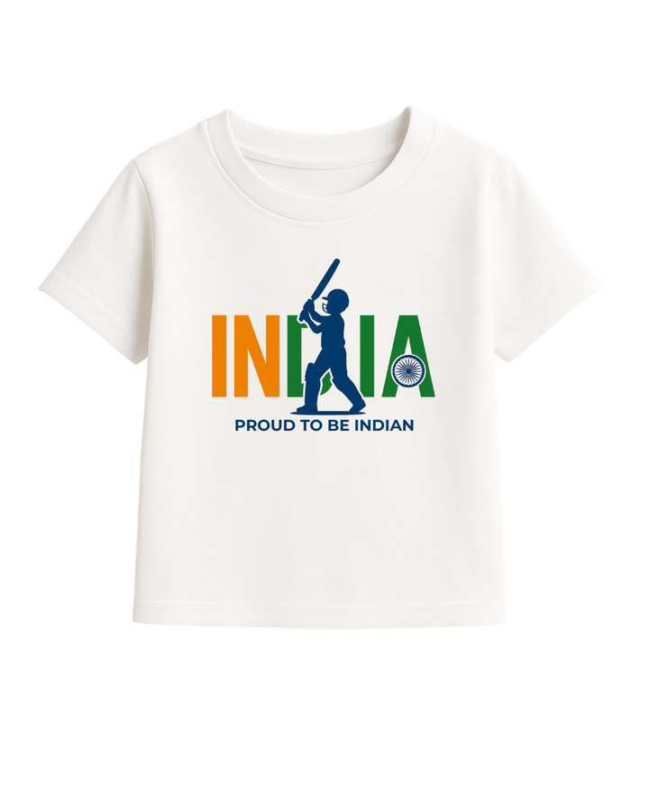 Independence Day Kids T-Shirt – “Proud to Be Indian” Cricket Design in Tricolor