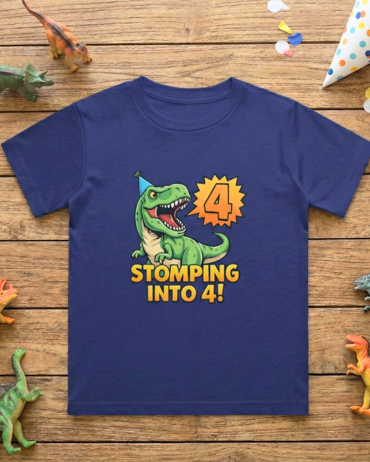Stomping Into 4 Birthday T-Shirt | Dinosaur Birthday Tee for Kids 🦖