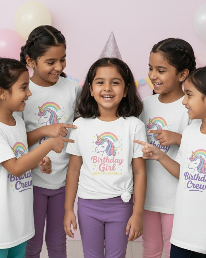 Group of children wearing matching t-shirts with unicorn designs and 'Birthday Girl' text, celebrating a birthday.