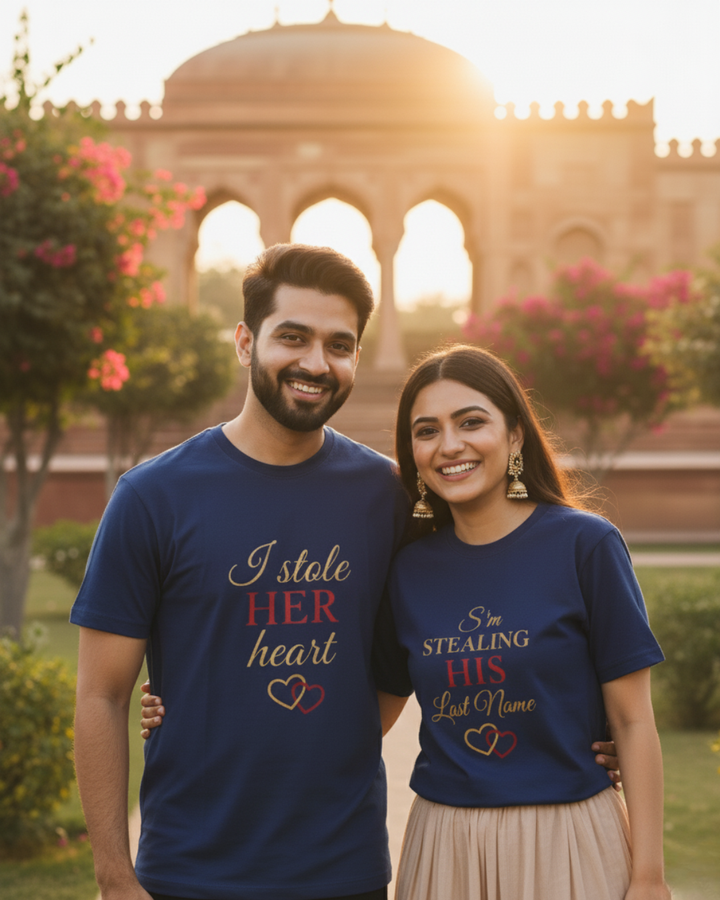 I Stole Her Heart & I’m Stealing His Last Name Matching Couple Tees