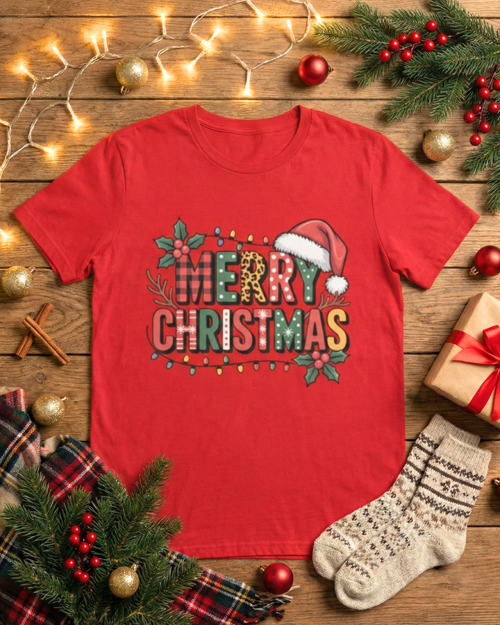 Merry Christmas Lights Tee – Festive Santa Hat Holiday Shirt