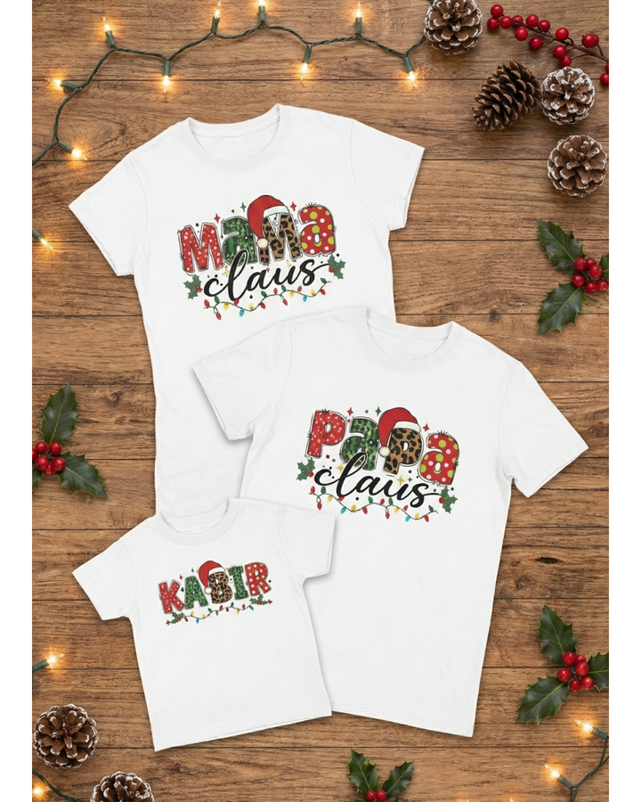 Mama Claus, Papa Claus & Kid Christmas T-Shirt Set | Matching Family Holiday Tees