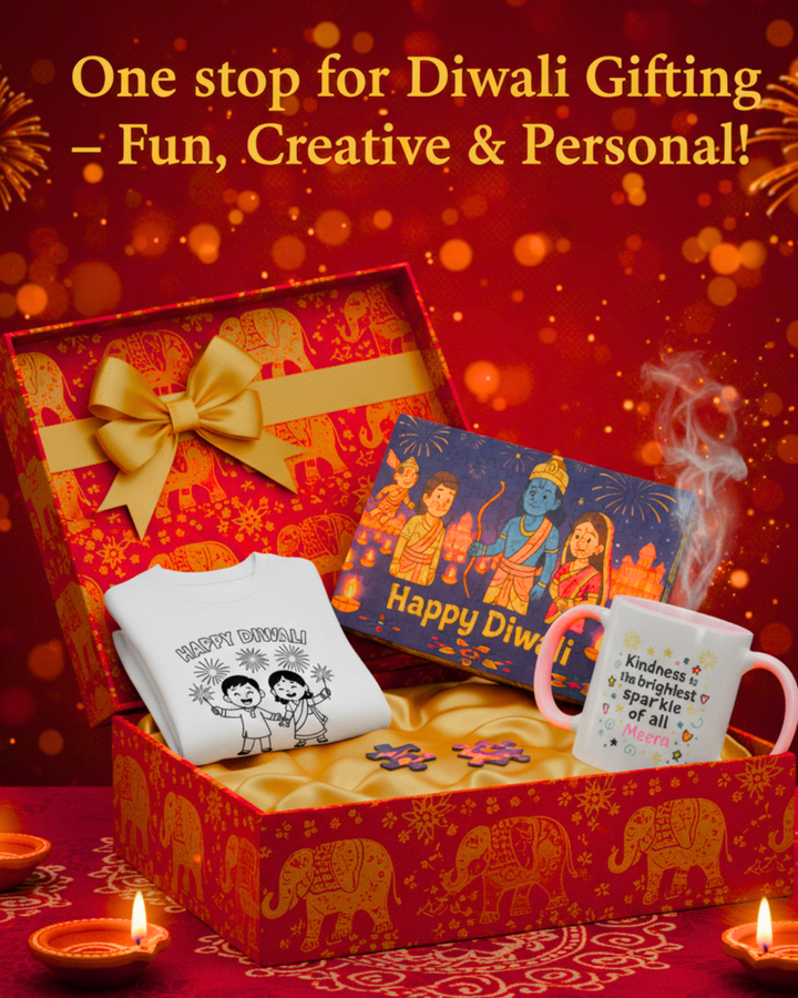 Diwali Festive Gift Bundle | Puzzle, Personalized Mug & DIY Coloring T-Shirt